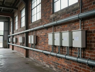 Wide shot of a completed conduit run along a brick wall in an industrial building, cable tray neatly fastened, junction boxes labeled, overcast daylight through high windows