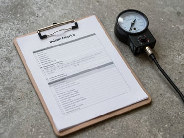 Overhead view of a completed boletín eléctrico document on a clipboard beside a calibrated test meter on a concrete floor, natural overcast site light, no people