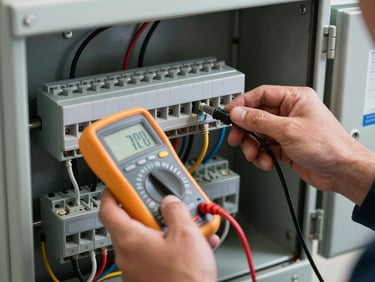 Technician hands holding a digital multimeter probing a terminal block inside an open distribution board, natural site lighting, cables clearly visible, no faces shown