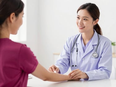 Bright clinical photography of a gentle and reassuring home blood collection scene, a friendly healthcare professional interacting with a patient, soft magenta accents, medium shot