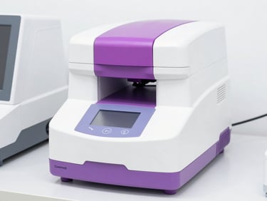 Bright clinical photography of state-of-the-art diagnostic equipment, a crisp centered product shot of a laboratory analyzer with soft purple highlights, sharp depth of field