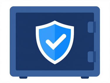 Flat vector illustration of a secure digital safe with a shield and checkmark, corporate blue tones, clean geometric lines.