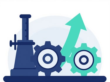 Flat vector illustration of stylized industrial machinery and gears with a clean mint accent arrow pointing up, modern minimalist fintech style.