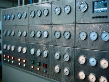 Close-up overhead framing of a continuous casting facility control room, cool blue-white instrument lighting reflecting off steel process monitoring panels and analog gauges, no personnel visible, dense array of status indicators and live readouts