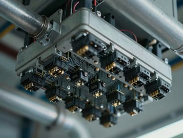 Extreme close-up overhead of an industrial sensor array mounted on a steel pipe manifold, circuit traces and connector pins visible in sharp detail, cool even ambient lighting, no people, technical precision framing