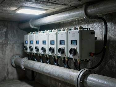 Extreme close-up of industrial IoT sensor array mounted on a municipal water pipe in a concrete utility tunnel, cool ambient LED strip lighting, cable runs and conduit brackets visible, no human presence, tight technical detail framing