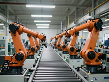 Wide overhead view of an automated production line in a heavy manufacturing plant, robotic arms mid-cycle over a conveyor, cool overhead fluorescent lighting, no human figures, mechanical precision visible in every frame element