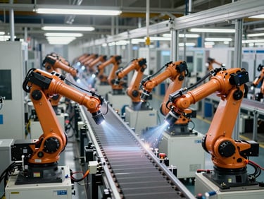 Wide overhead view of an automotive discrete manufacturing production line, cool fluorescent ambient lighting illuminating robotic welding arms and conveyor systems, no human presence, extreme depth of field showing multiple assembly stations receding into distance