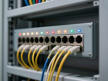 Close-up of a wall-mounted industrial network switch and fiber patch panel inside a control room equipment rack, indicator LEDs active, cool ambient lighting, cable runs organized with precision, no people, detail framing