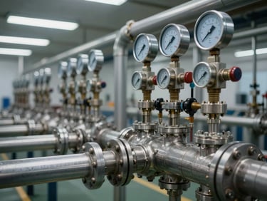 Close-up detail of water treatment plant pipe manifold and pressure sensor clusters, stainless steel pipework with mounted electronic gauges, cool overhead fluorescent lighting, no personnel, industrial valve arrays in background