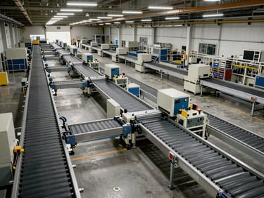 Overhead panoramic view of a logistics sorting facility interior, conveyor belts and automated routing gates in operation under bright even industrial lighting, no workers in frame, machinery in precise parallel rows