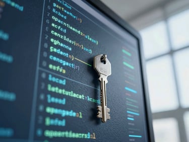 Abstract close-up of a secure digital interface, glowing code lines, data encryption keys, cool slate and navy tones, sharp focus.