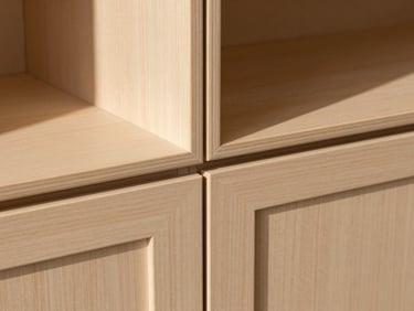 Close-up of a custom wood joint on a luxury wardrobe, master carpentry, warm desert sand tones, sharp details, bright natural daylight, 35mm