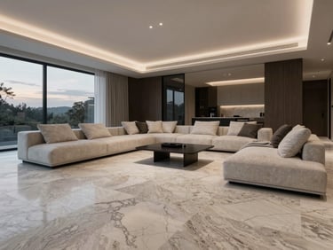 Luxurious modern living room, minimal furniture, travertine stone floor, soft twilight lighting, landscape aspect