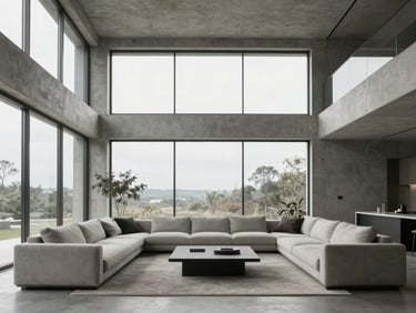 Interior of a minimalist luxury living room, raw concrete walls, high ceilings, large windows, soft daylight