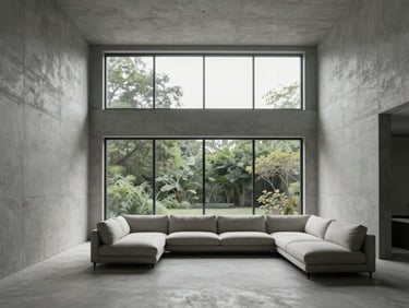 Minimalist living room with raw concrete walls, high ceilings, large glass windows showing green foliage, natural overcast light, 35mm lens