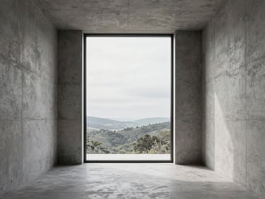 Minimalist high-end interior, concrete walls, natural light pouring through large window, raw texture, landscape aspect