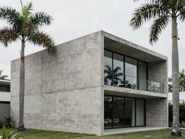 Brutalist house exterior with raw board-formed concrete walls, large glass panels, surrounded by tropical palm trees, soft overcast daylight, sharp focus