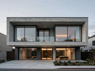 Symmetrical architectural elevation of a modern concrete and glass residence at dusk, soft overcast light, high-end minimalist exterior, 35mm lens, sharp focus
