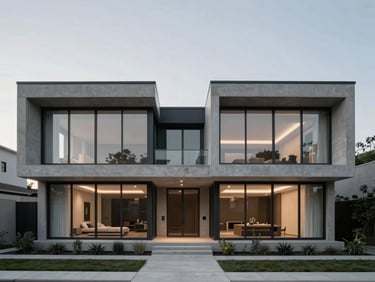 Symmetrical architectural shot of a modern concrete and glass home exterior at dusk, soft twilight lighting, clean lines, desaturated cool tones
