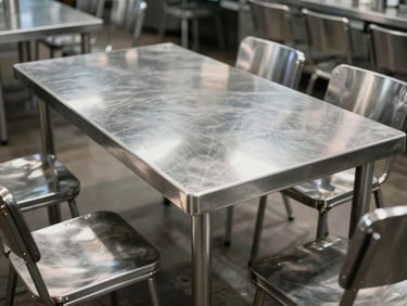 Wide environmental shot of a commercial stainless steel dining table in situ, chairs pulled back, table surface reflecting overhead task lighting that reveals the brushed grain pattern and welded leg joints
