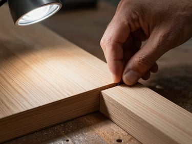 Macro close-up of a hand positioning a wood panel into a precision-routed dado joint on a workbench, task light raking across the surface to emphasize grain texture and cut quality