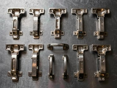 Overhead flat-lay of custom cabinet hardware components laid on a dark steel surface — hinges, drawer runners, and handles arranged in precise geometric alignment under even studio lighting
