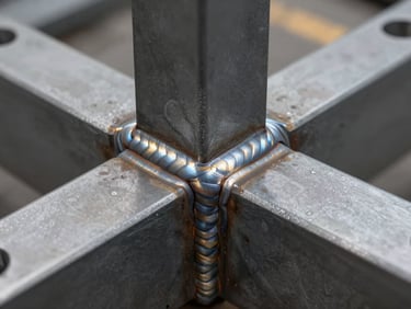 Macro close-up of a welded structural steel connection, task lighting illuminating the weld bead geometry and heat-affected zone, flat matte industrial surface, no people, no text, pure fabrication detail