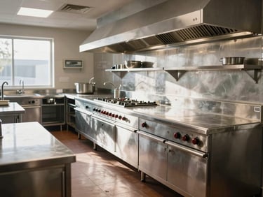 Wide environmental shot of a completed commercial kitchen installation in a restaurant, inoxidable counters and modular cabinetry running the full depth of the room, natural daylight from a high window raking across surfaces to reveal fit and finish quality, no people, no food