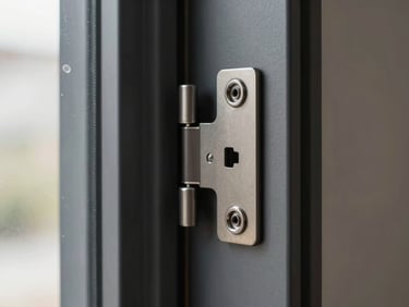 Close-up of a modern pivot door edge in matte dark steel, hinge mechanism visible in sharp focus, door flush with the wall reveal, cold north-facing daylight highlighting the precision of the frame gap