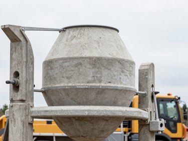 Close-up of a well-maintained concrete mixer on a job site, focus on mechanical details, natural overcast daylight.
