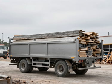 Heavy-duty utility trailer loaded with construction materials, parked on an organized job site, overcast daylight, desaturated industrial tones.