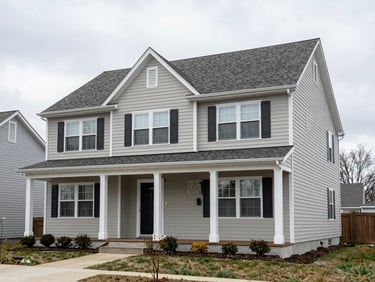 Architectural exterior shot of a clean, well-maintained residential property in Monson, New England, under overcast daylight, sharp focus.