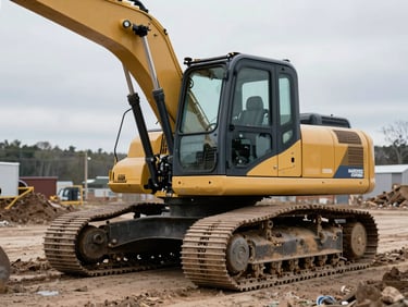 Compact excavator on a New England job site, tracks visible, overcast daylight, desaturated industrial tones, sharp focus, 35mm lens.