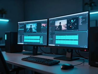 Cinematic shot of a modern workspace with glowing neon cyan monitors displaying video editing software, dark moody ambient lighting