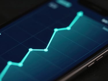 Close-up of a smartphone screen showing rapidly rising analytics graphs with glowing teal lines, dark background