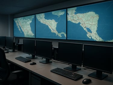 Plano medio de un centro de control logístico moderno, pantallas con mapas de rutas centroamericanas al fondo, iluminación técnica limpia, enfoque nítido en terminales operativas.