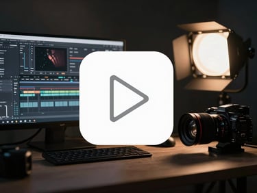 Moody studio setup with warm backlighting, professional camera gear on a dark desk, play button overlay.