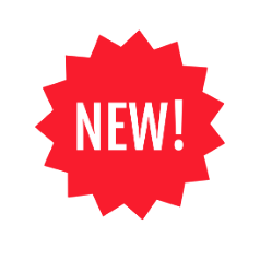 Red starburst sticker with white text reading NEW! for product announcements.