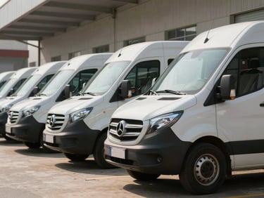 Frota de vans modernas de desentupimento estacionadas alinhadas em uma base operacional limpa sob a luz clara do dia