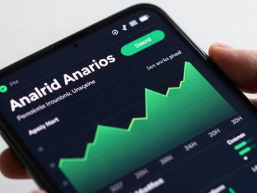 Extreme close-up of a modern Android flagship screen displaying a dark-themed financial dashboard with crisp typography and vibrant green charts, held by a hand in a bright studio environment