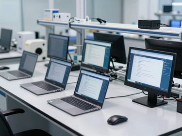 A clean, organized Android testing laboratory with multiple flagship and mid-tier devices mounted on testing racks, screens active showing automated interface tests under cool daylight