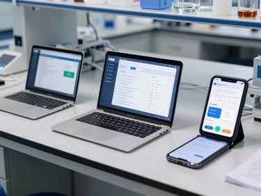 A clean laboratory testing bench with multiple Android devices of varying screen sizes and form factors displaying a unified, responsive application layout under daylight.