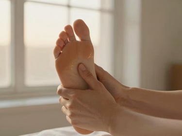 Close-up of hands gently applying pressure on the sole of a foot, subtle golden details, soft golden-hour window light, natural sage and cream tones, shallow depth of field, 35mm.