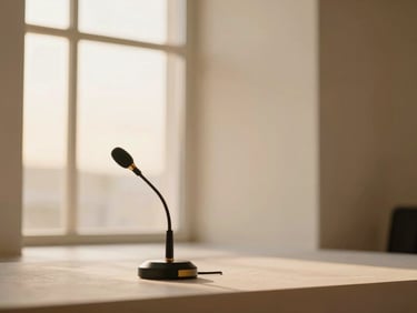 Elegant, minimalist stage with soft ambient lighting, a microphone, and a subtle golden accent, representing an international conference, soft golden-hour window light, natural sage and cream tones, shallow depth of field, 35mm.