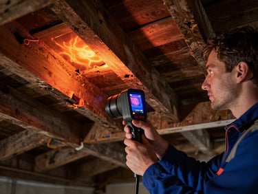 A technician using a thermal imaging camera inside a dark attic, highlighting heat signatures of structural gaps between rafters