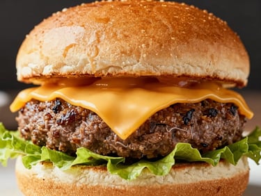 Close-up of a juicy 150g classic burger with melting cheese and fresh lettuce, warm directional light, dark modern background