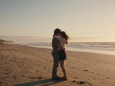 Cinematic medium-wide environmental shot of a couple embracing on a windy beach, warm sunset lighting, 35mm film