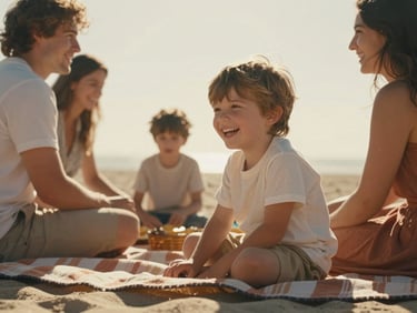 Warm cinematic photography of a family laughing on a picnic blanket, sun-drenched backlighting, shallow depth of field