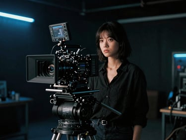 Cinematic portrait of a female cinematographer standing behind a large camera rig on a dark set, practical neon blue accents, moody atmosphere